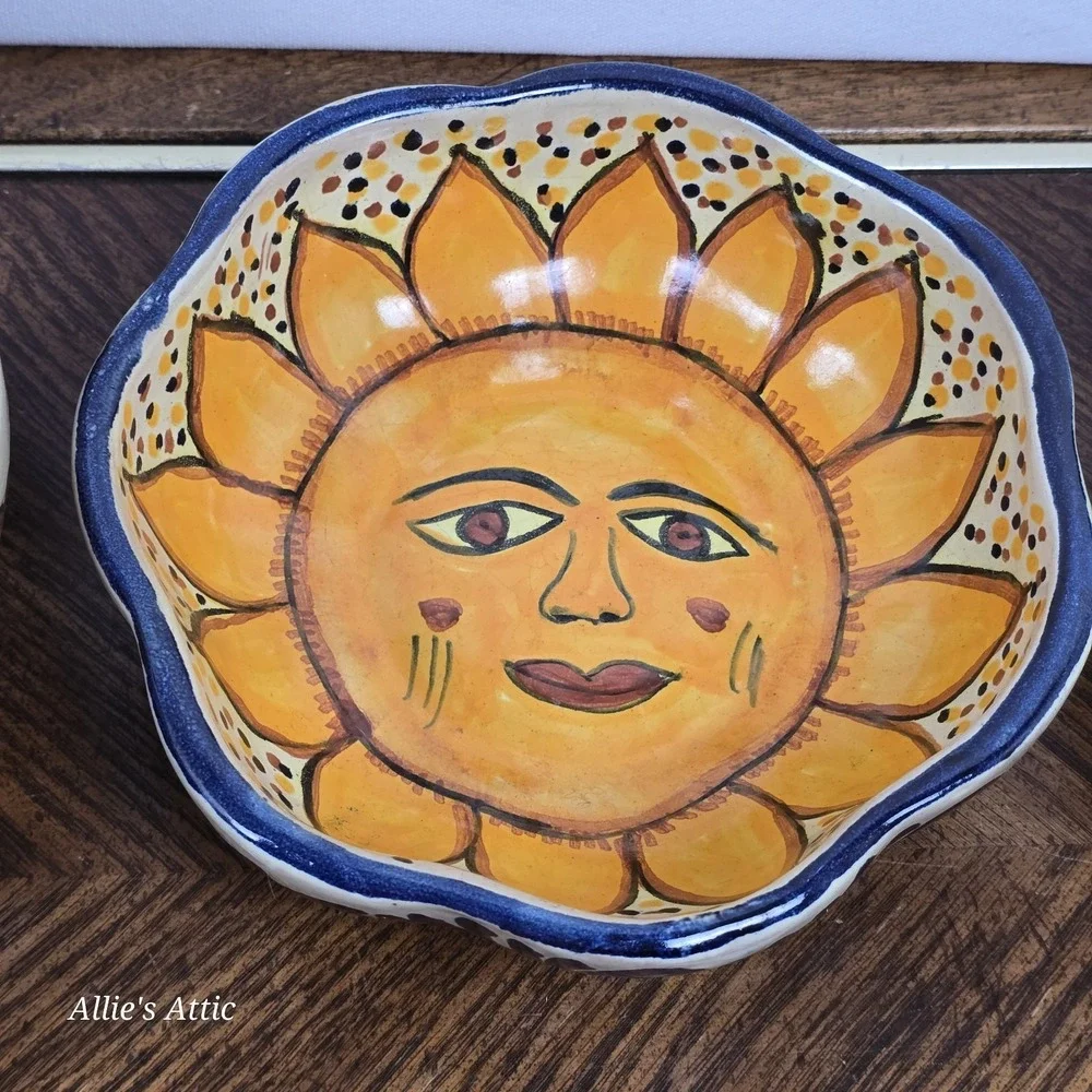 Vintage Celestial Bowl Sun Flower Yellow Blue Stacking Nesting Set Clay Handmade